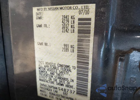 2010 Nissan Altima 2.5 S from USA, damaged, VIN 1N4AL2AP9AN548737